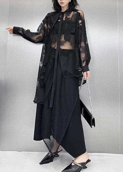 Natural Black Asymmetrical Print Tulle Shirt Top Summer