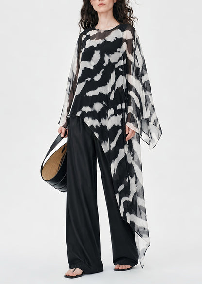 Natural Black Asymmetrical Tie Dye Chiffon Top Summer