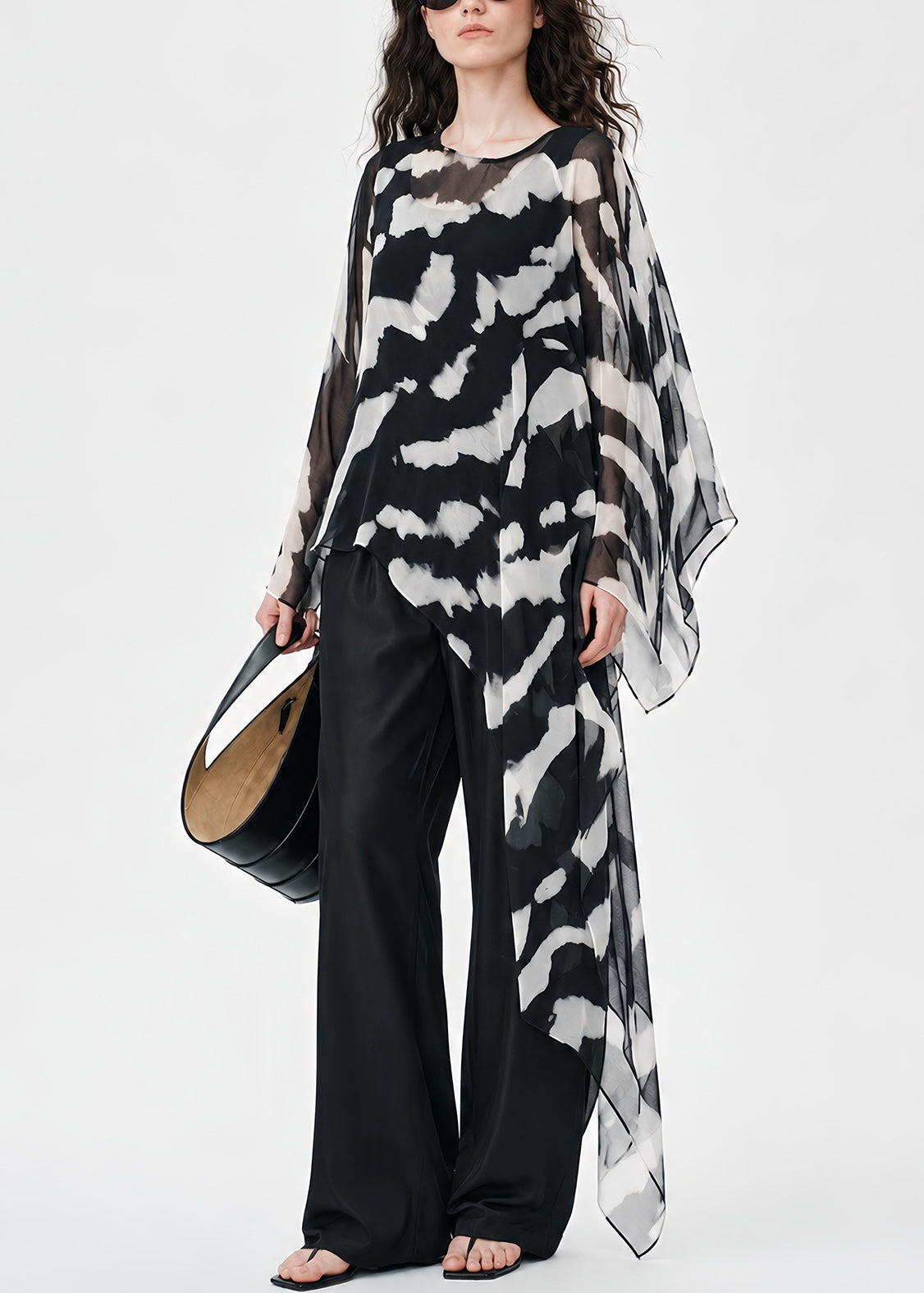 Natural Black Asymmetrical Tie Dye Chiffon Top Summer