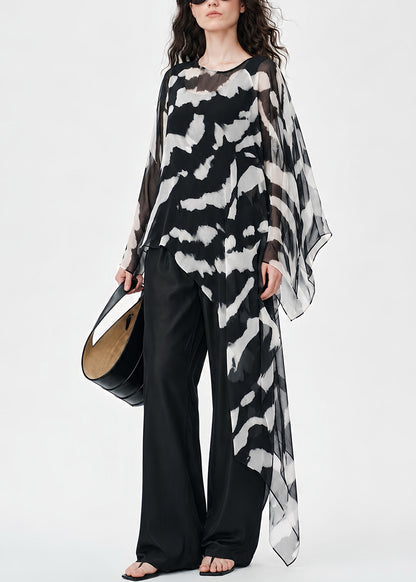 Natural Black Asymmetrical Tie Dye Chiffon Top Summer