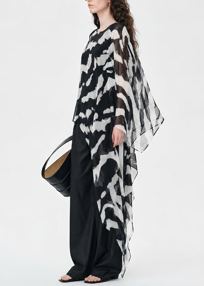 Natural Black Asymmetrical Tie Dye Chiffon Top Summer