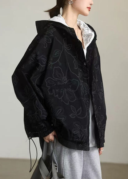 Natural Black Embroidered Cotton Hoodies Outwear Spring