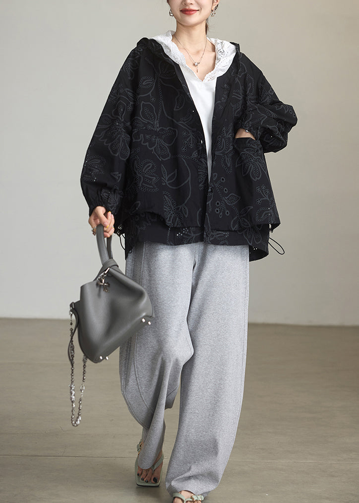 Natural Black Embroidered Cotton Hoodies Outwear Spring