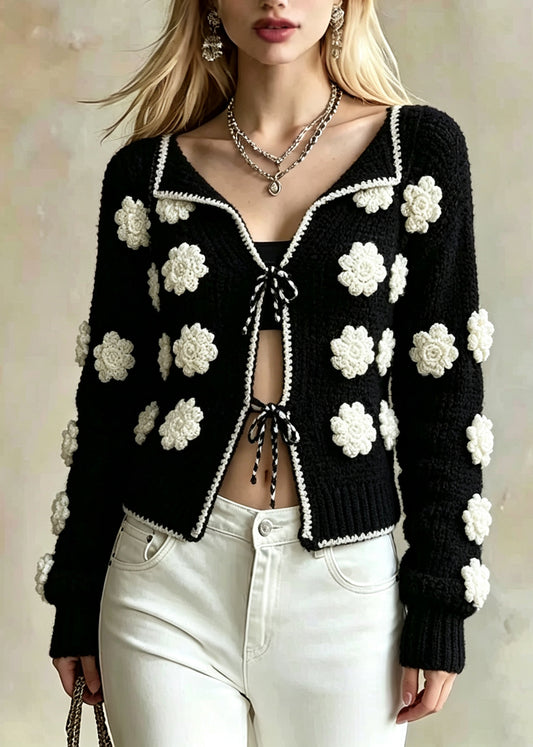 Natural Black Embroidered Floral Lace Up Knit Cardigan Fall