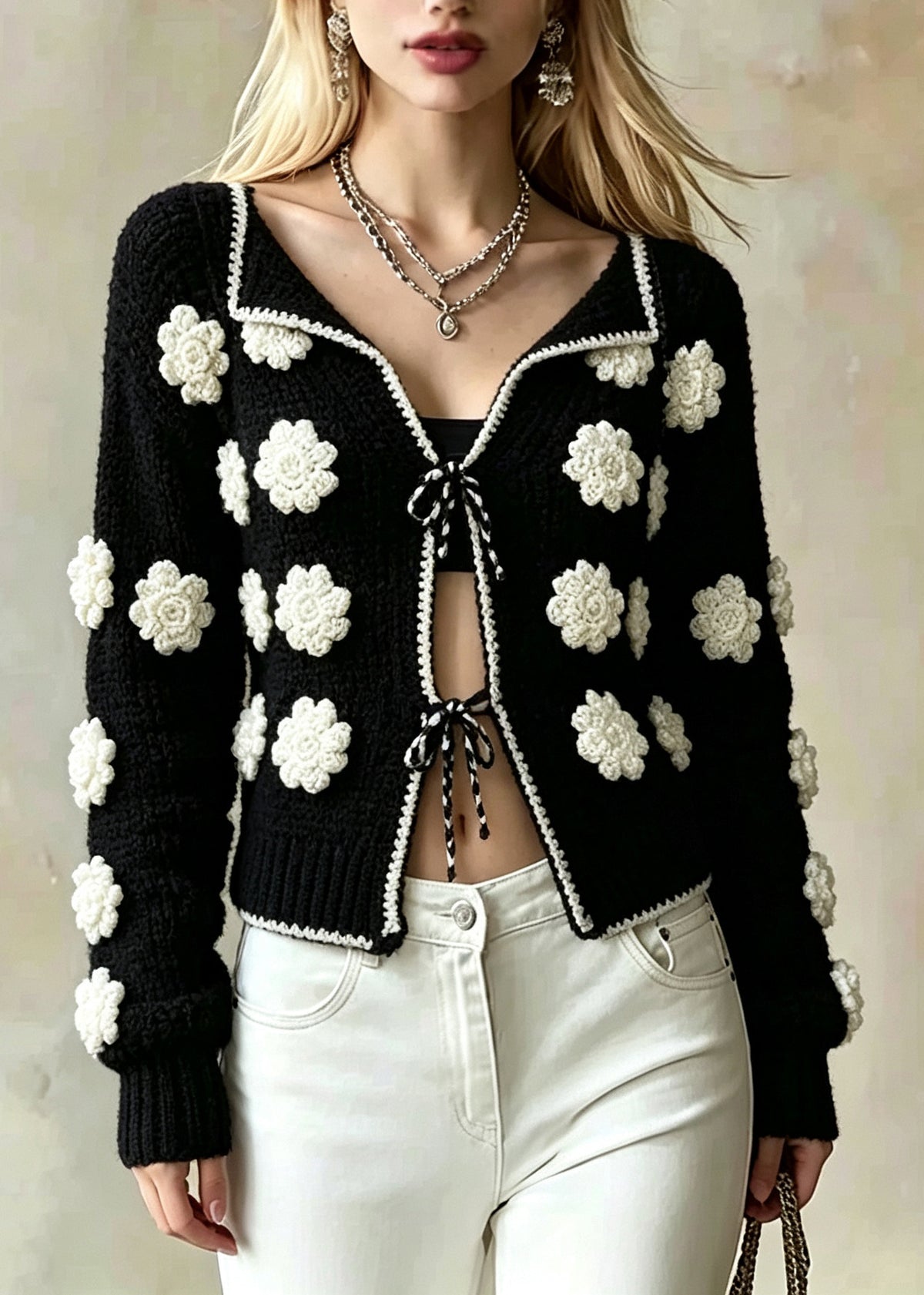 Natural Black Embroidered Floral Lace Up Knit Cardigan Fall