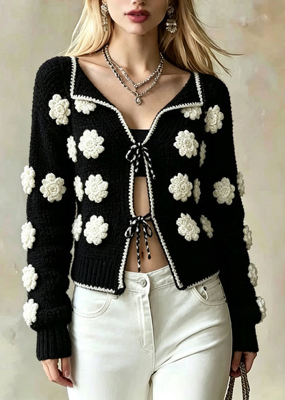 Natural Black Embroidered Floral Lace Up Knit Cardigan Fall