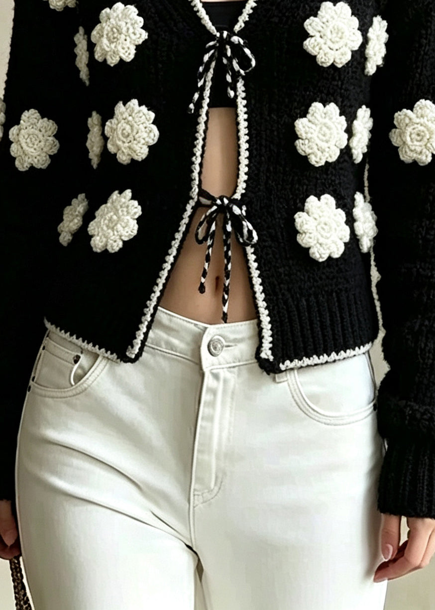 Natural Black Embroidered Floral Lace Up Knit Cardigan Fall