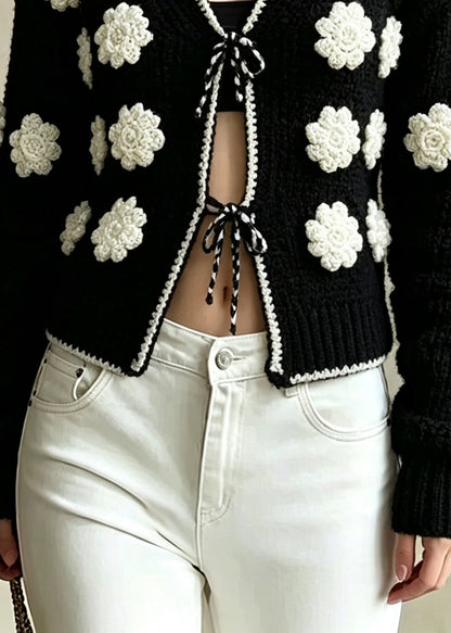 Natural Black Embroidered Floral Lace Up Knit Cardigan Fall