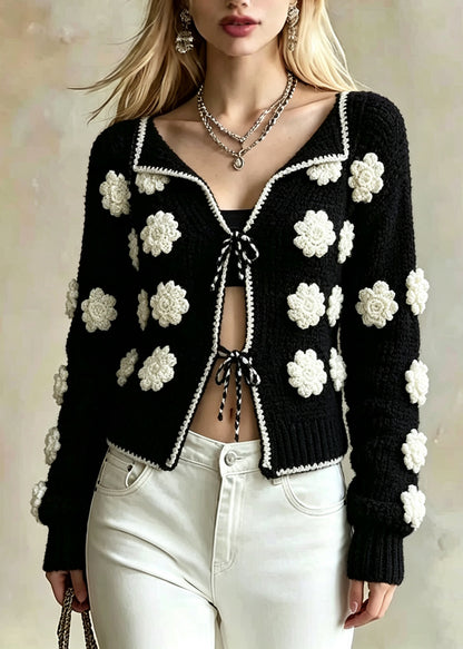 Natural Black Embroidered Floral Lace Up Knit Cardigan Fall
