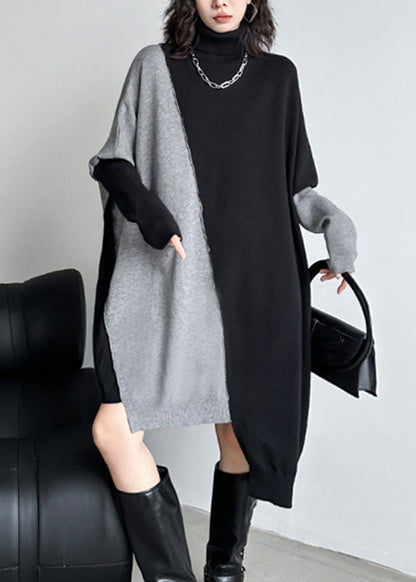 Natural Black Grey Asymmetrical Cotton Knit Long Sweater Dress Fall