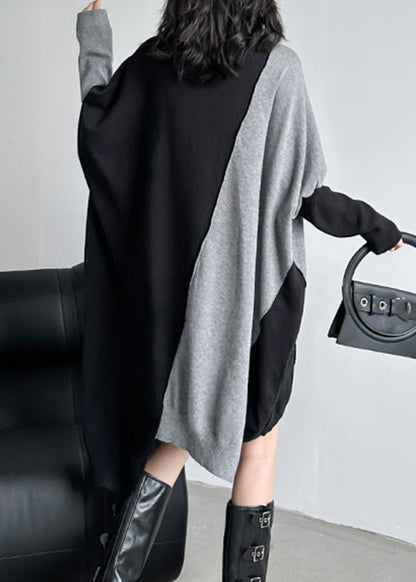 Natural Black Grey Asymmetrical Cotton Knit Long Sweater Dress Fall
