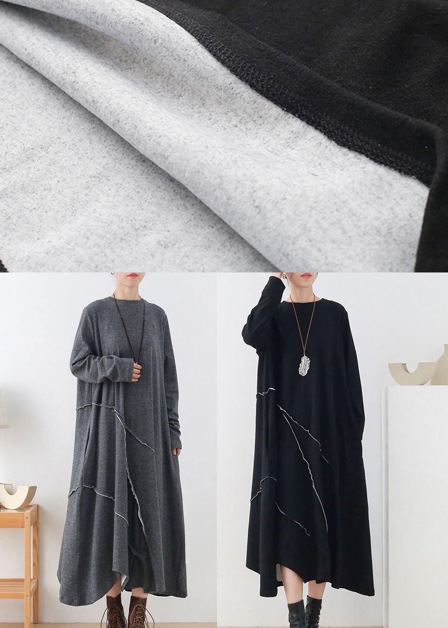 Natural Black O-Neck Patchwork Fall Knit Dress Long Sleeve - SooLinen