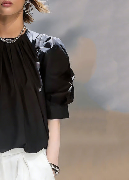 Natural Black O-Neck Patchwork Tops Summer