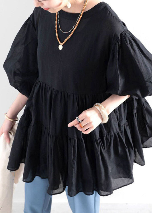 Natural Black O-Neck Ruffled Patchwork Shirt Lantern Sleeve