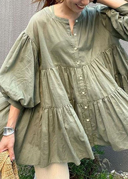 Natural Black O-Neck Ruffled Patchwork Shirt Lantern Sleeve