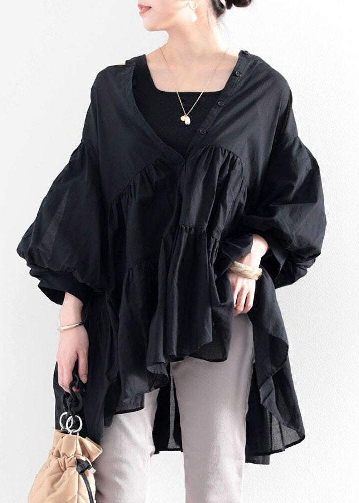 Natural Black O-Neck Ruffled Patchwork Shirt Lantern Sleeve