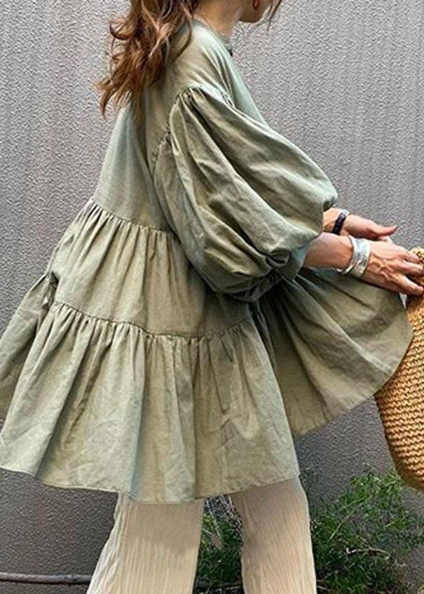 Natural Black O-Neck Ruffled Patchwork Shirt Lantern Sleeve