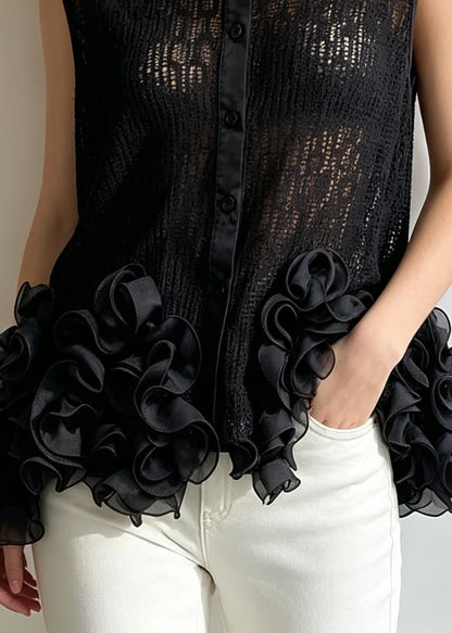 Natural Black Oversized Floral Tulle Blouses Sleeveless