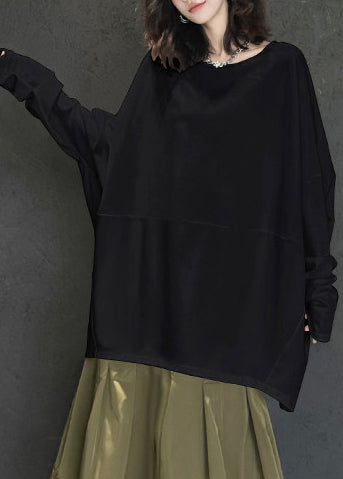 Natural Black Oversized Patchwork Cotton Sweatshirts Top Batwing Sleeve