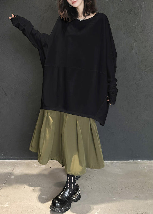 Natural Black Oversized Patchwork Cotton Sweatshirts Top Batwing Sleeve
