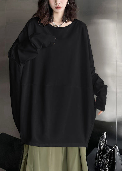 Natural Black Oversized Patchwork Cotton Sweatshirts Top Batwing Sleeve