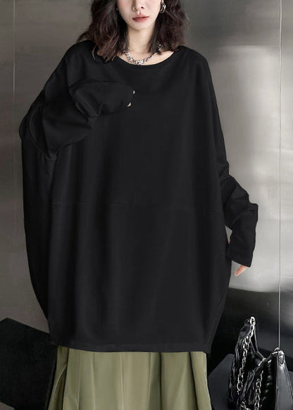 Natural Black Oversized Patchwork Cotton Sweatshirts Top Batwing Sleeve