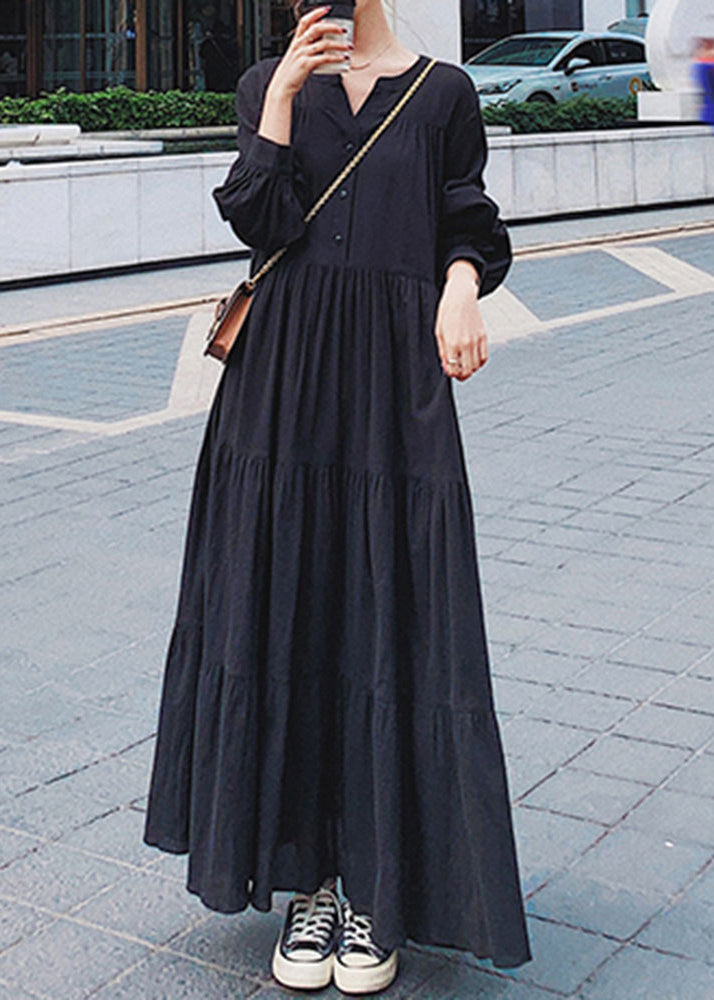 Natural Black Oversized Wrinkled Cotton Shirt Dress Fall