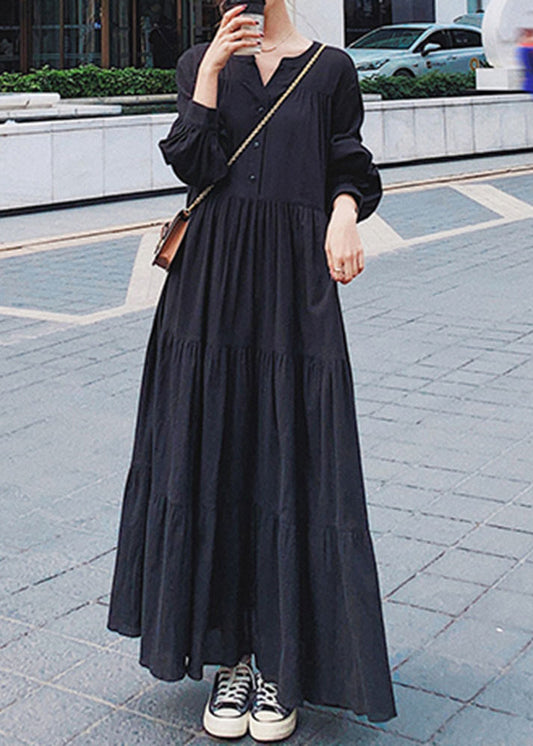 Natural Black Oversized Wrinkled Cotton Shirt Dress Fall