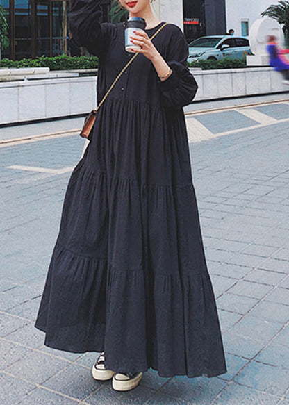 Natural Black Oversized Wrinkled Cotton Shirt Dress Fall