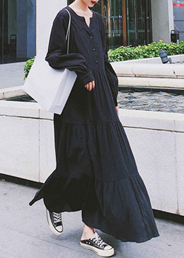 Natural Black Oversized Wrinkled Cotton Shirt Dress Fall