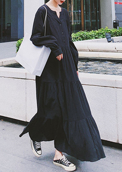 Natural Black Oversized Wrinkled Cotton Shirt Dress Fall