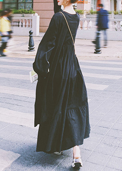 Natural Black Oversized Wrinkled Cotton Shirt Dress Fall