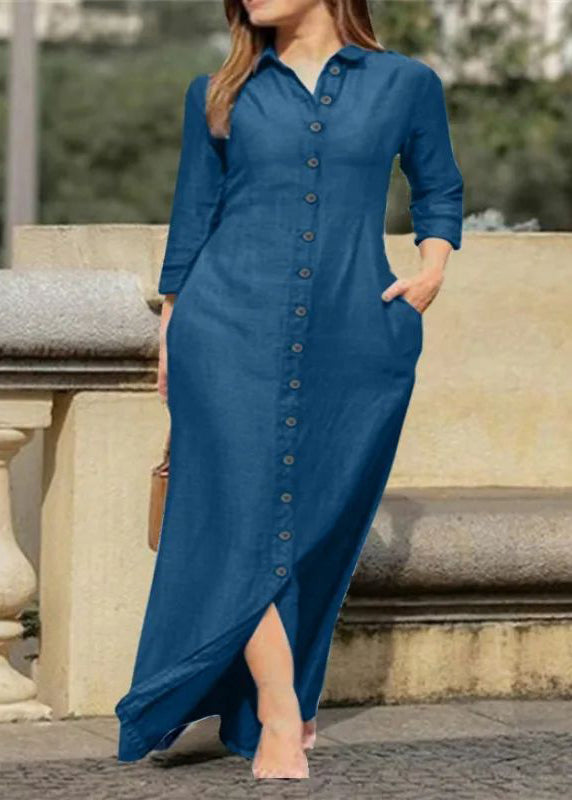 Natural Black Peter Pan Collar Button Long Shirts Dress Fall