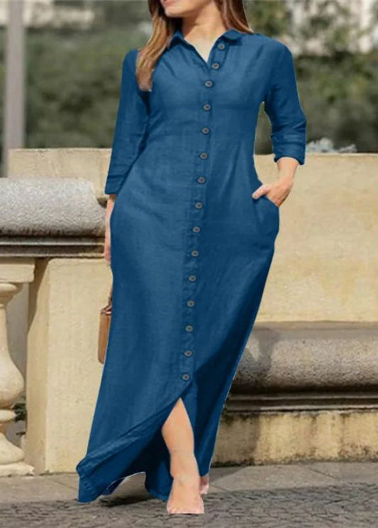 Natural Black Peter Pan Collar Button Long Shirts Dress Fall