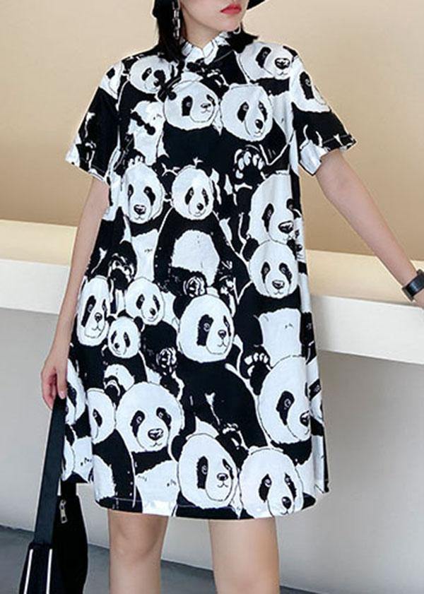 Natural Black Print A Line Long Dress Short Sleeve Cotton Summer - SooLinen