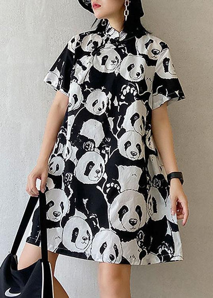 Natural Black Print A Line Long Dress Short Sleeve Cotton Summer - SooLinen