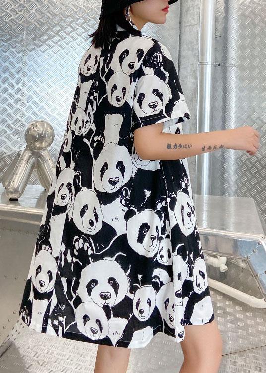 Natural Black Print A Line Long Dress Short Sleeve Cotton Summer - SooLinen