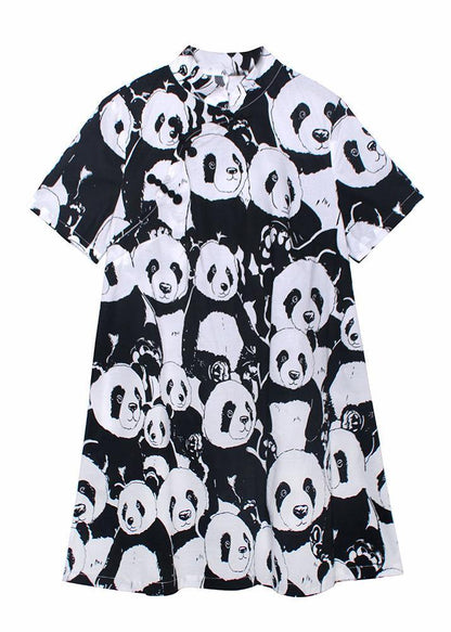 Natural Black Print A Line Long Dress Short Sleeve Cotton Summer - SooLinen