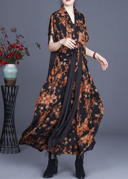 Natural Black Print Patchwork Silk Summer Maxi Dress - SooLinen
