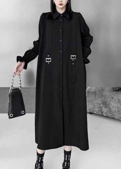 Natural Black Puff Sleeve Oversized Cotton Shirt Dress