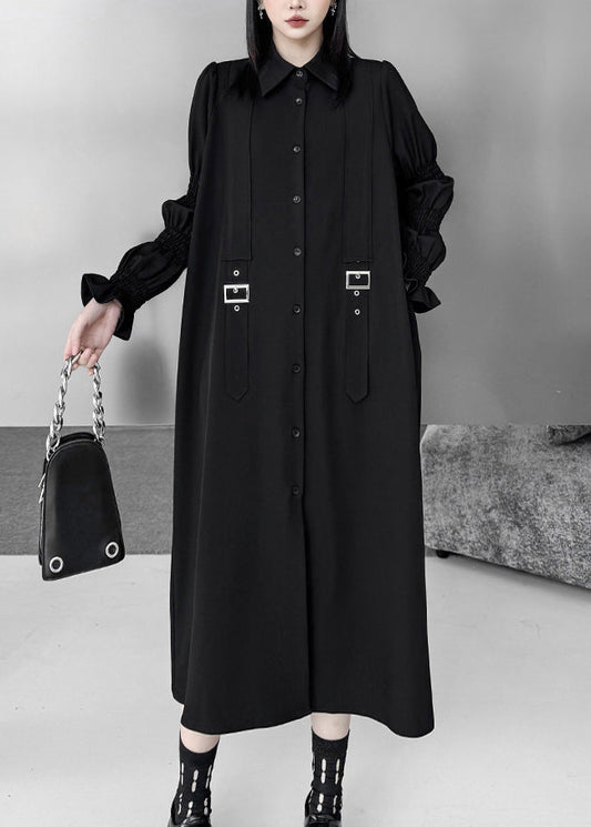 Natural Black Puff Sleeve Oversized Cotton Shirt Dress