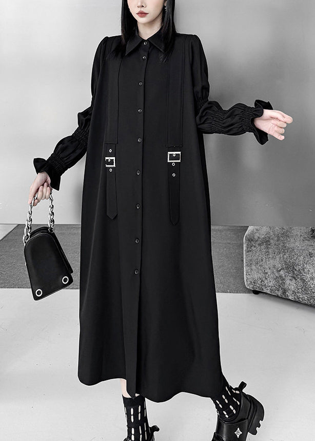 Natural Black Puff Sleeve Oversized Cotton Shirt Dress