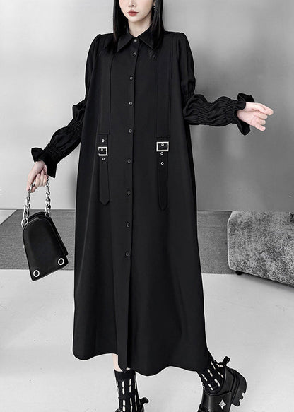 Natural Black Puff Sleeve Oversized Cotton Shirt Dress