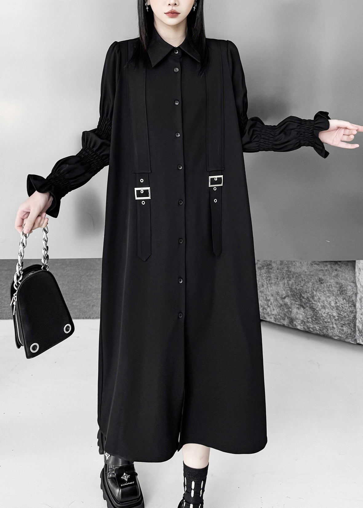Natural Black Puff Sleeve Oversized Cotton Shirt Dress