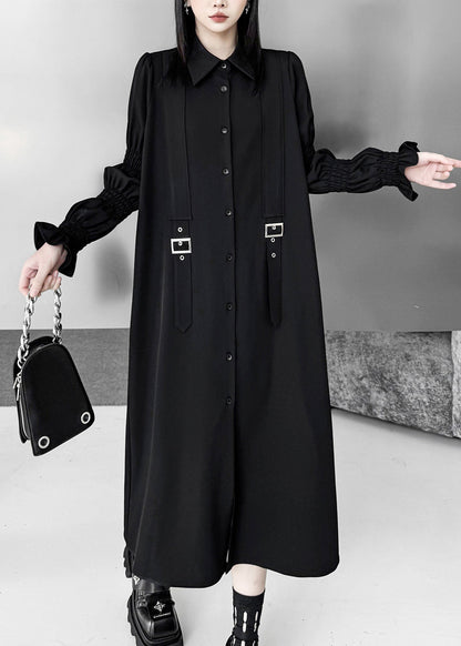Natural Black Puff Sleeve Oversized Cotton Shirt Dress