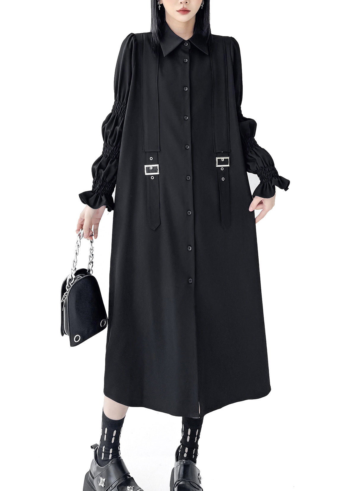 Natural Black Puff Sleeve Oversized Cotton Shirt Dress