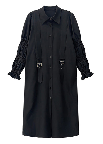 Natural Black Puff Sleeve Oversized Cotton Shirt Dress