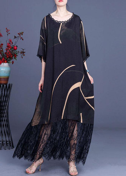 Natural Black Silk Print Patchwork Lace Vacation Dresses Summer - SooLinen