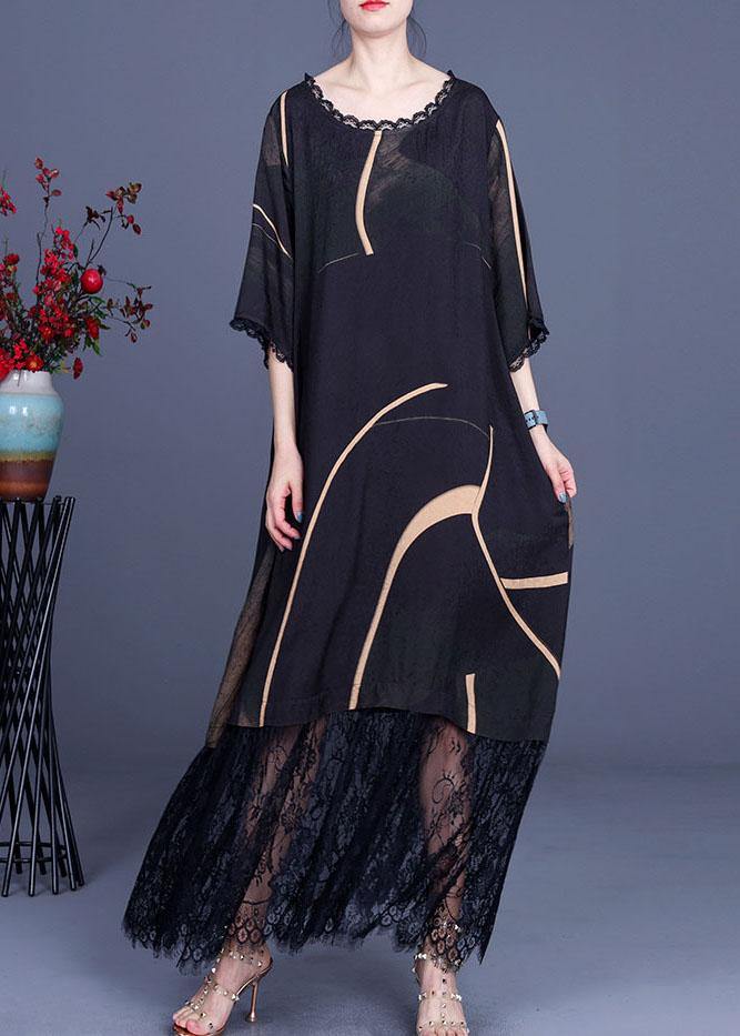 Natural Black Silk Print Patchwork Lace Vacation Dresses Summer - SooLinen