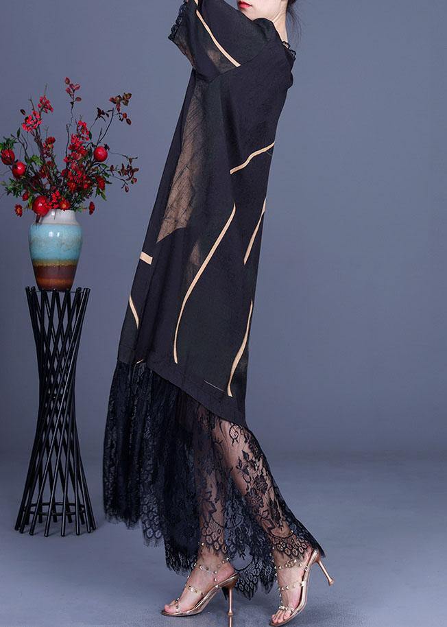 Natural Black Silk Print Patchwork Lace Vacation Dresses Summer - SooLinen